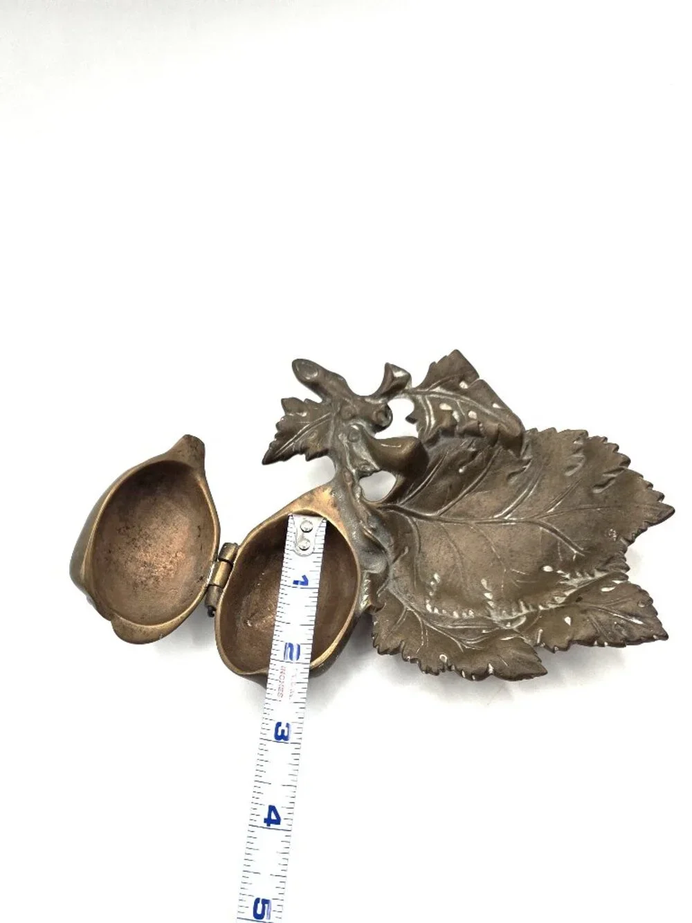 Antique Cast Metal Art Nouveau Leaves Nut Opens Unique Trinket Incense Dish 1899